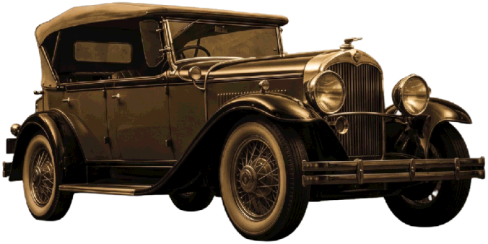 Vintage 1920s open-top touring car in sepia tone