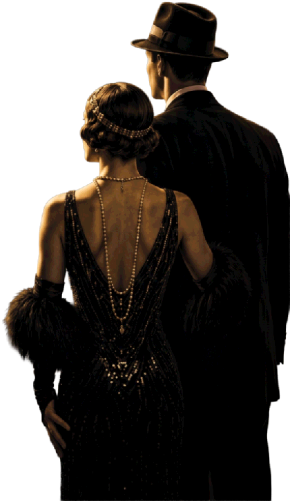 Couple in 1920s evening dress, woman in a beaded gown and man in a fedora, seen from behind